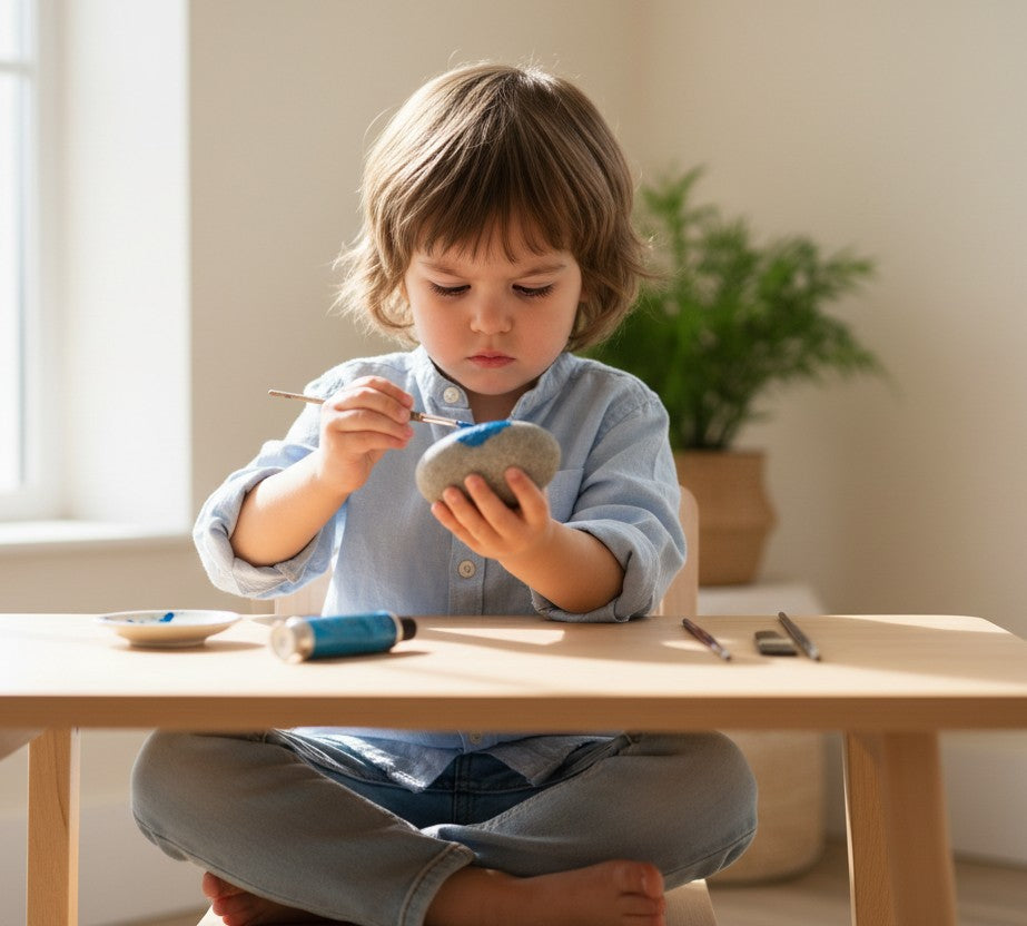 A child playing mindfully painting a magic rock.