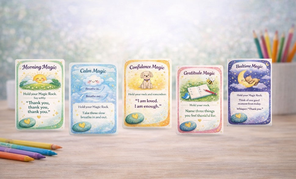 Positive affirmation cards from My Magic Rock Collection Box to help anxious children feel calm